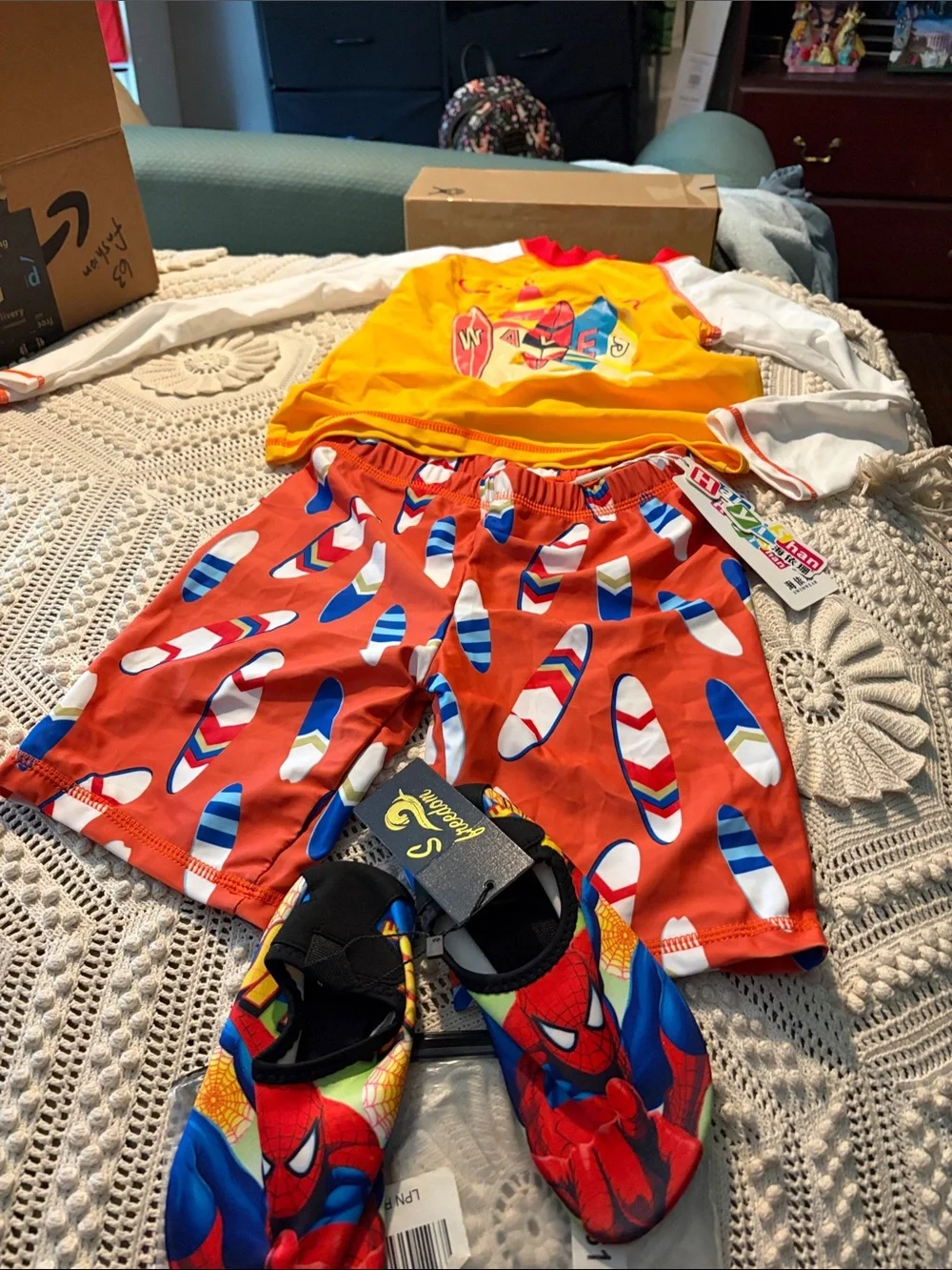 Kids Surf Wave Rash Guard Set with Surfboard Print and spiderman swimming shoes